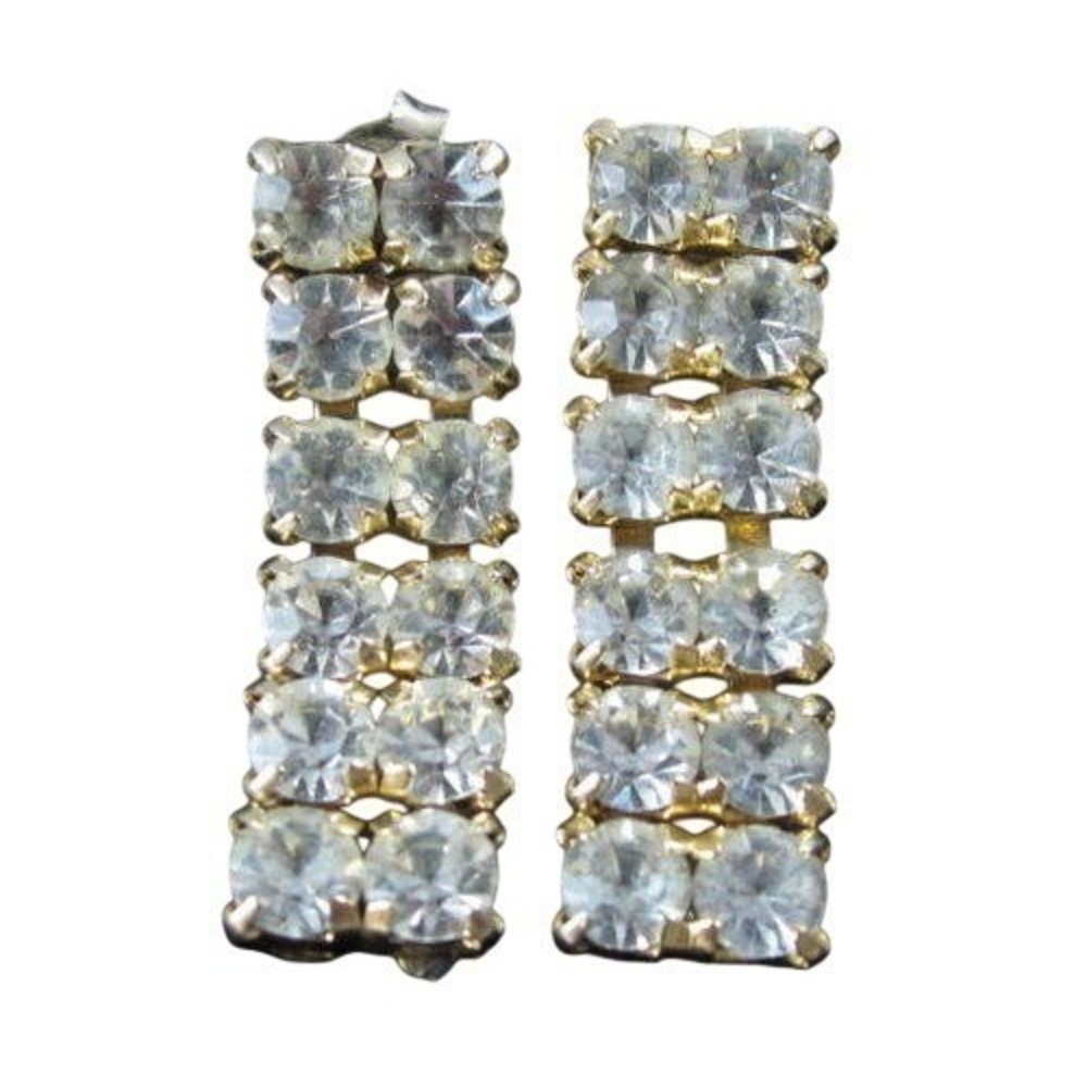Vintage Brilliant Clear Rhinestone‎ Dangling Gold Plated Pierced Earrings